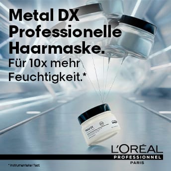 L'Oréal Professionnel Paris Metal DX Professionelle Haarmaske, die laut instrumentellem Test für 10x mehr Feuchtigkeit sorgt.